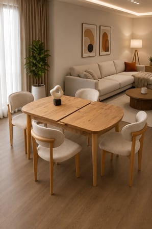 Kelebek Mdf Gizli Kaşıklıklı Masa +4 Adet Ahşap Polo Sandalye Takım Naturel