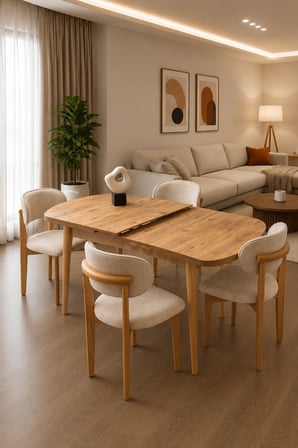 Kelebek Mdf Gizli Kaşıklıklı Masa +4 Adet Ahşap Polo Sandalye Takım Naturel