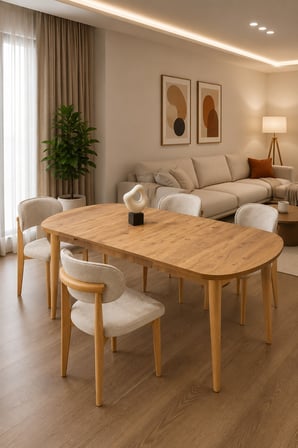 Kelebek Mdf Gizli Kaşıklıklı Masa +4 Adet Ahşap Polo Sandalye Takım Naturel