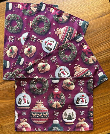 Ornament 3D Efektli Yılbaşı Süsleri Desenli Amerikan Servis/Supla 4'lü Set Bordo