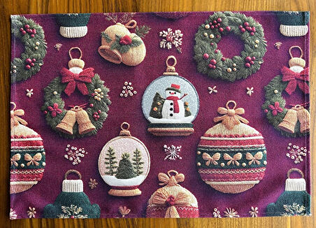 Ornament 3D Efektli Yılbaşı Süsleri Desenli Amerikan Servis/Supla 4'lü Set Bordo