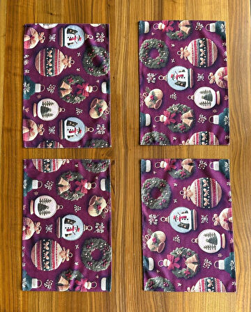 Ornament 3D Efektli Yılbaşı Süsleri Desenli Amerikan Servis/Supla 4'lü Set Bordo