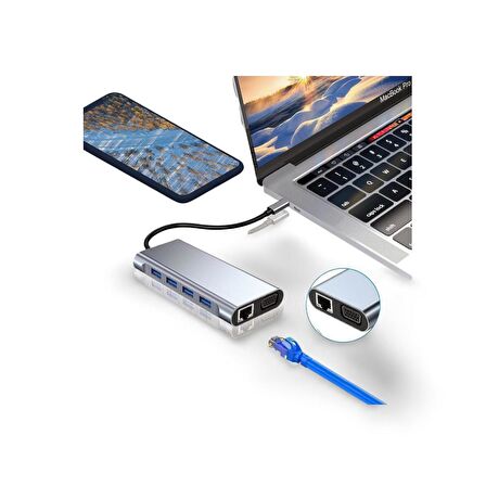 Cosmostech Macbook Pro Air Type-C 11 In 1, 4K Hdmı, Vga, Pd, Usb3.0, RJ45 Ethernet, Sd/tf Card Reader, 3.5mm Aux, Çevirici Hub Adaptör