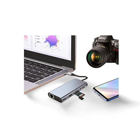 Cosmostech Macbook Pro Air Type-C 11 In 1, 4K Hdmı, Vga, Pd, Usb3.0, RJ45 Ethernet, Sd/tf Card Reader, 3.5mm Aux, Çevirici Hub Adaptör