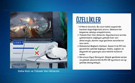 Cosmostech Meta Quest 2 Sanal Gerçeklik Gözlüğü için Link Kablosu 1/2/3/Pro/Pico Uyumlu 3.2 Hızlı Data Kablosu 5m – G