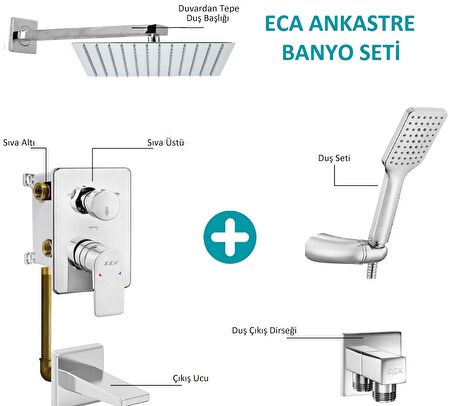 ECA Ankastre Gömme Banyo Bataryası Duş Seti  Tüm Parçalar Dahil 30x30 Başlık