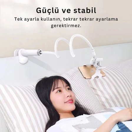 EtaShop 360° Esnek Telefon Tutucu Kelepçeli Masa Yatak Başlığı Standı 4" 7.1" Uyumlu Beyaz