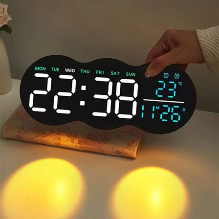 EtaShop Uzaktan Kumandalı Bulut LED Duvar Saati  Ortam Işıklı Büyük Dijital Ekran Çift Alarm Sıcaklık Tarih Göstergeli Geri Sayım Sayaçlı