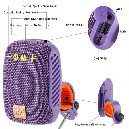 EtaShop Bisiklet Bluetooth Hoparlör Taşınabilir Su Geçirmez Çift Bağlantı FM Radyo Mor