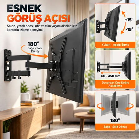 ShopyTech Hareketli 32"-55" TV Monitör Duvar Askı Aparatı 2 Kollu Tam Hareketli Max VESA 400x400 22 kg Taşıma Kapasiteli