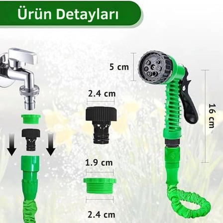 SopyTech 7 Fonksiyonlu Ayarlanabilir Su Tabancalı Sızdırmaz Esnek 60 Metre Uzayan Bahçe Sulama Hortumu Yeşil