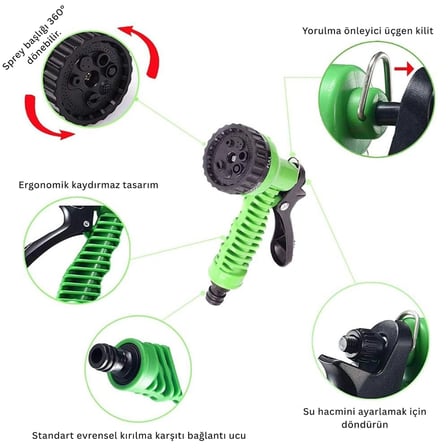 SopyTech 7 Fonksiyonlu Ayarlanabilir Su Tabancalı Sızdırmaz Esnek 60 Metre Uzayan Bahçe Sulama Hortumu Yeşil