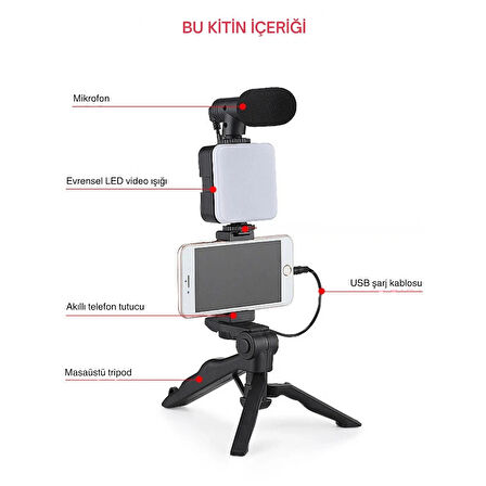 ShopyTech 5i 1 Arada Mikrofonlu LED Işıklı Vlog Kiti Tabanca Tutuşlu Masaüstü Tripod & Selfie Stick|Telefon/Kamera Uyumlu