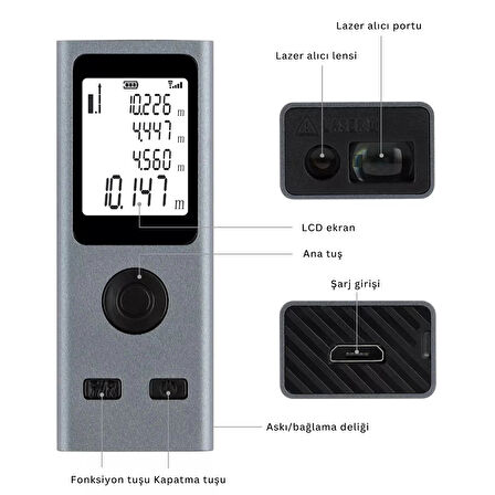 ShopyTech Mini USB Şarjlı Lazer Metre 50 m Dijital Mesafe Ölçer Alan/Hacim Hesabı Pisagor Sürekli Ölçüm