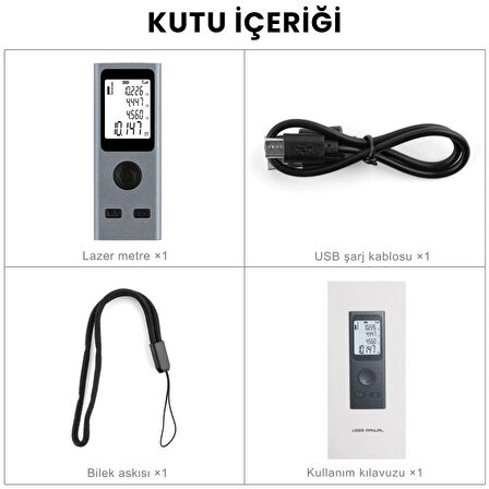 ShopyTech Mini USB Şarjlı Lazer Metre 50 m Dijital Mesafe Ölçer Alan/Hacim Hesabı Pisagor Sürekli Ölçüm