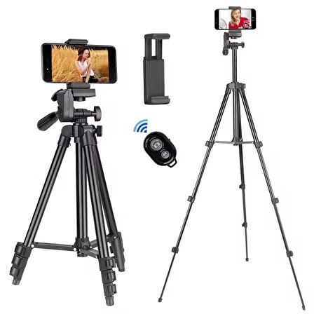 ShopyTech 102 cm Hafif Tripod  Telefon/Kamera Uyumlu Bluetooth Uzaktan Deklanşörlü 360° 3-Yönlü Kafa/GÜMÜŞ