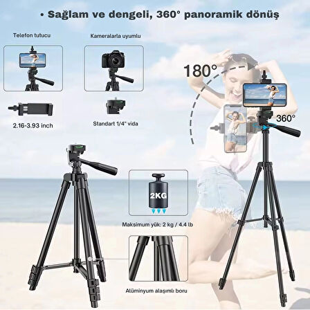 ShopyTech 102 cm Hafif Tripod  Telefon/Kamera Uyumlu Bluetooth Uzaktan Deklanşörlü 360° 3-Yönlü Kafa/GÜMÜŞ