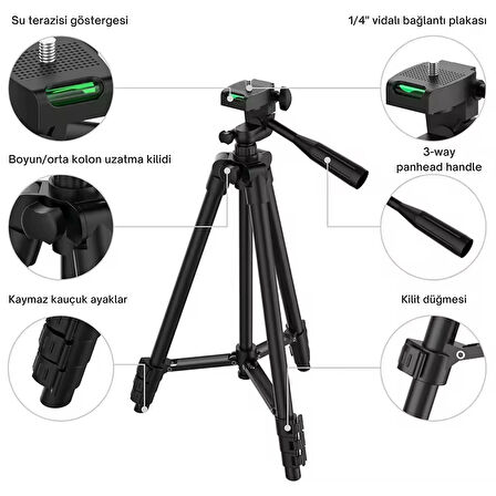 ShopyTech 102 cm Hafif Tripod  Telefon/Kamera Uyumlu Bluetooth Uzaktan Deklanşörlü 360° 3-Yönlü Kafa/SİYAH