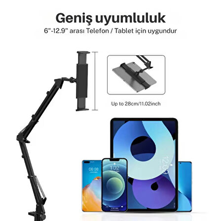ShopyTech Metal 360° Uzun Kol Tablet/Telefon Standı Kelepçeli Masa/Yatak Başlığı Tutucu 6¨-12.9¨Uyumlu