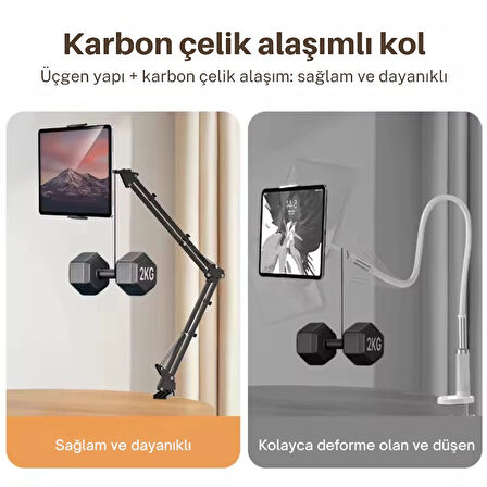 ShopyTech Metal 360° Uzun Kol Tablet/Telefon Standı Kelepçeli Masa/Yatak Başlığı Tutucu 6¨-12.9¨Uyumlu