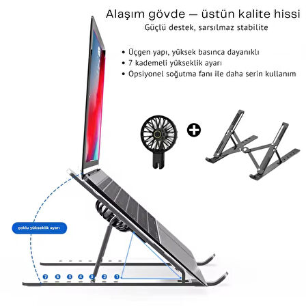 ShopyTech Fanlı Katlanır Laptop Notebook Standı 7 Kademeli Yükseklik Alüminyum Alaşım 16¨ inc Uyumlu