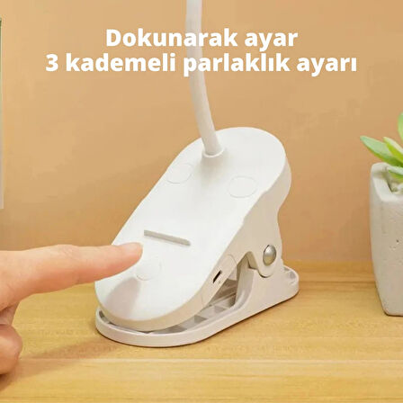 ShopyTech Klipsli LED Masa Lambası USB Şarjlı 3 Kademeli Dokunmatik Göz Yormaz Işık (4000 mAh)