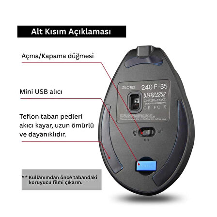 ShopyTech Zelotes F35 Dikey Kablosuz Mouse Ergonomik Şarjlı 2.4G 1000/1600/2400 DPI 6 Tuş