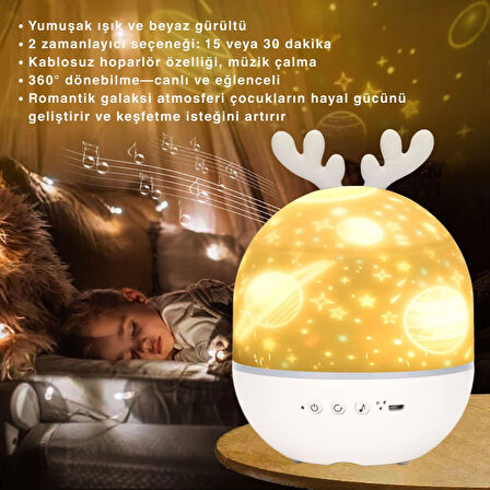 ShopyTech Bluetooth Hoparlörlü Yıldızlı Gece Lambası Projektör Geyik Boynuzlu Döner Işık Uzaktan Kumandalı Zamanlayıcı USB Şarjlı 10 Tema Film