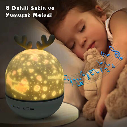 ShopyTech Bluetooth Hoparlörlü Yıldızlı Gece Lambası Projektör Geyik Boynuzlu Döner Işık Uzaktan Kumandalı Zamanlayıcı USB Şarjlı 10 Tema Film