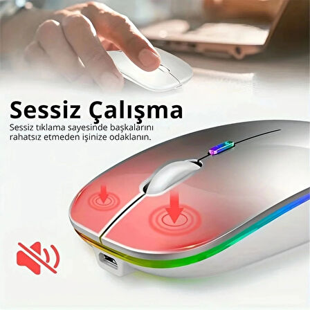 Shopy Tech Çift Mod Kablosuz Mouse Bluetooth 5.2 + 2.4G Şarjlı Sessiz Tıklama RGB Işıklı (500 mAh)GÜMÜŞ