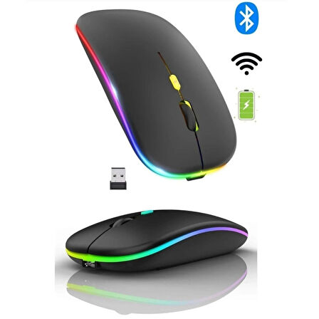 ShopyTech Çift Mod Kablosuz Mouse Bluetooth 5.2 + 2.4G Şarjlı Sessiz Tıklama RGB Işıklı (500 mAh)SİYAH