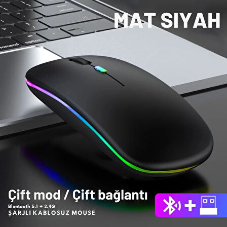 ShopyTech Çift Mod Kablosuz Mouse Bluetooth 5.2 + 2.4G Şarjlı Sessiz Tıklama RGB Işıklı (500 mAh)SİYAH