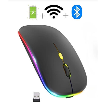 ShopyTech Çift Mod Kablosuz Mouse Bluetooth 5.2 + 2.4G Şarjlı Sessiz Tıklama RGB Işıklı (500 mAh)SİYAH