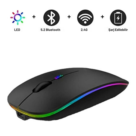 ShopyTech Çift Mod Kablosuz Mouse Bluetooth 5.2 + 2.4G Şarjlı Sessiz Tıklama RGB Işıklı (500 mAh)SİYAH