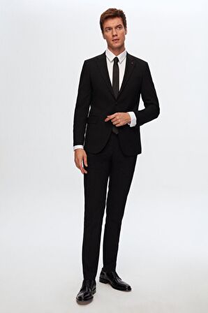 Slim Fit Siyah Düz Mono Yaka Çift Yırtmaçlı Astarlı Takim Elbise 4HF05ORT01577