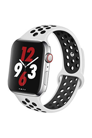 Apple Watch Silikon Delikli Kordon 1-2-3-4-5 Serisi 42 - 44 Mm Uyumlu Siyah Yeşil