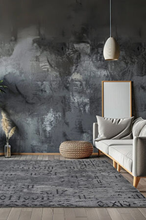 Venüs Yumuşak Pamuk Dokuma Kilim | Kaymaz Tabanlı Antrasit Iskandinav Halı | Salon Ve Mutfak Halısı