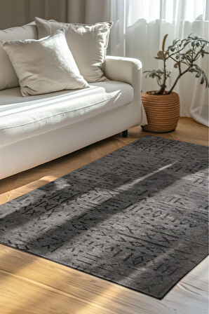 Venüs Yumuşak Pamuk Dokuma Kilim | Kaymaz Tabanlı Antrasit Iskandinav Halı | Salon Ve Mutfak Halısı