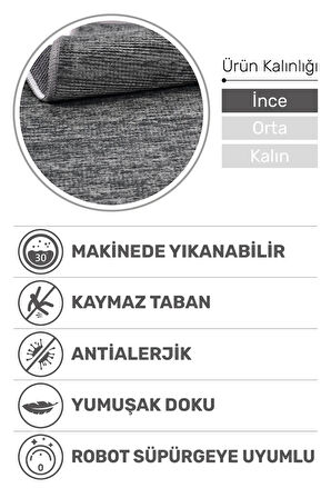 Azra Antrasit Kaymaz Taban Halı – Salon, Çocuk Odası ve Mutfak için Yıkanabilir, Yumuşak Kilim