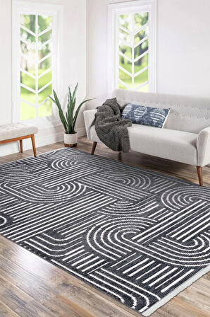 Revna Antrasit Yıkanabilir Halı Kaydırmaz Tabanlı Pamuk Dokuma Salon Mutfak Koridor İçin