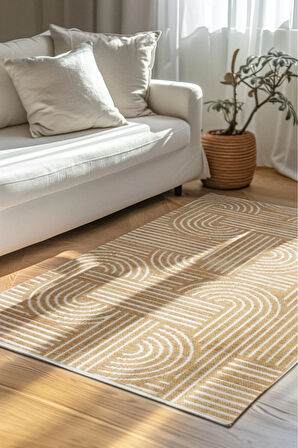 Revna Sarı Bej (Kum Beji) Yıkanabilir Halı Kaymaz Taban Pamuk Dokuma Salon Mutfak Koridor Halısı