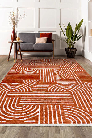 Revna Kiremit Turuncu Yıkanabilir Halı Kaydırmaz Tabanlı Pamuk Dokuma Salon Mutfak Koridor İçin