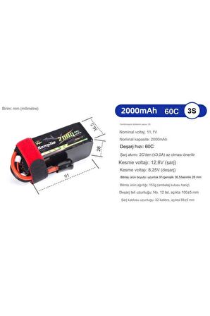 11,1V 2000mAh 3S 60C Lipo Pil RC Yarış Dron Helikopter Model Uçak