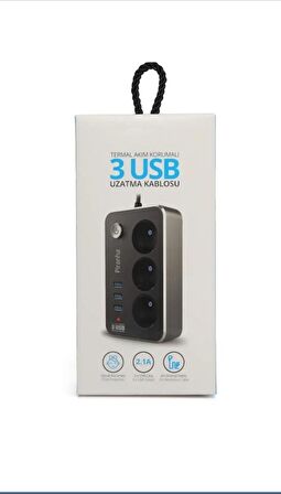 Termal Akım Korumalı 3'lü Priz 3 Usb'li Uzatma Kablosu