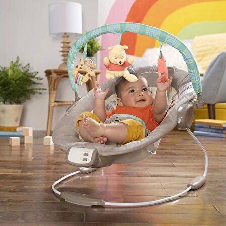 Bright Starts Winnie the Pooh Dots & Hunny Pots Sallanan Bebek Titreşimli Bebek Koltuğu, Müzik ve 3 Farklı Oyun Arkadaşlı