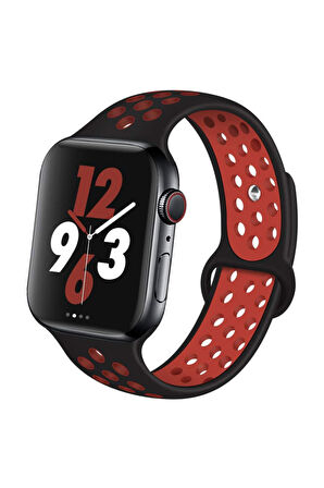 Apple Watch Silikon Delikli Kordon 1-2-3-4-5 Serisi 42 - 44 Mm Uyumlu Siyah Yeşil
