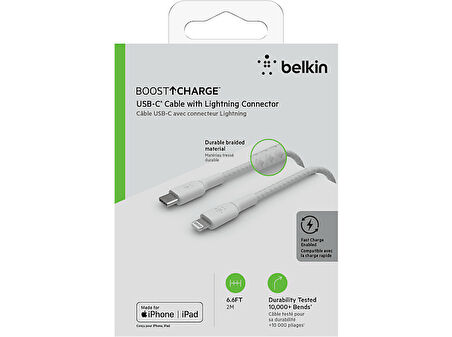 BELKIN 2M BC Lightning USB-C Örgülü Kablo Beyaz