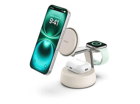 BELKIN WIZ040 BoostCharge Pro 3-in-1 Qi2 25W Manyetik Kablosuz Şarj Standı Kum