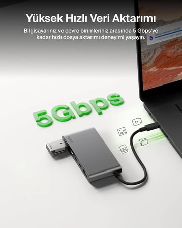 Belkin USB-C Hub, 5 Portlu, 60 Hz'de 4K HDMI Ekran Desteği, 100W Güç İletimi, 5Gbps USB-C Çoklu Port Adaptörü, Gri