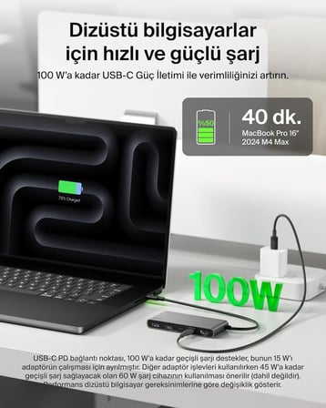 Belkin AVC023 7in1 100W USB-C Multiport Hub(2x USB-C , 2x USB-A , 1x HDMI 4K 60HZ , SD&Micro SD Card Reader) - Uzay Grisi